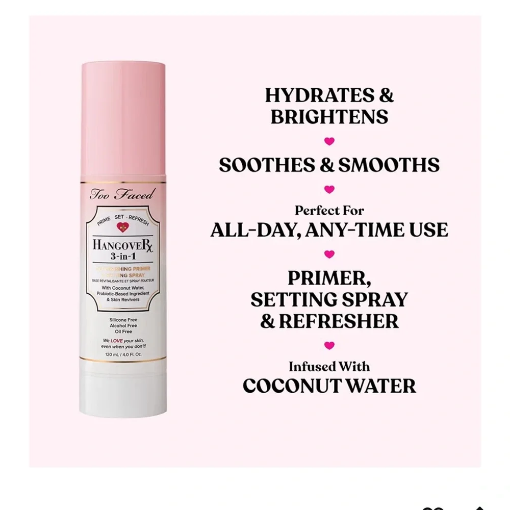 Too Faced Hangover 3 in 1 Hydrating Replenishing Primer &Setting Spray 30 ml NEW